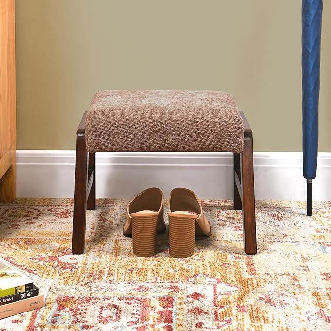 Small Footstool Ottoman, 11.8" H Fabric Wooden Foot Rest Ottoman with Wood Legs, Small Foot Stool Sofa Footrest Extra Seating for Living Room Entryway Office, Apricot