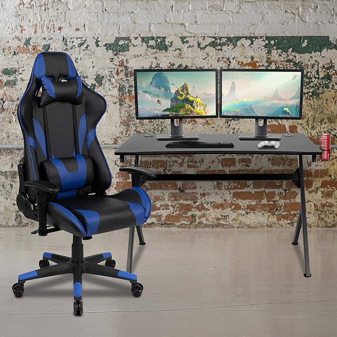 Flash Furniture Black Gaming Desk and Blue/Black Reclining Gaming Chair Set with Cup Holder, Headphone Hook & 2 Wire Management Holes