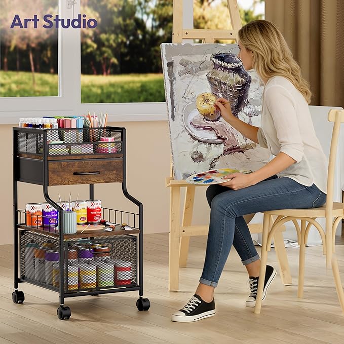 SWTYMIKI Rolling Under Desk Storage - Utility Cart with Drawers & DIY Divider - Art Cart Organizer on Wheels - Craft Storage Drawers Rolling Cart for Office, Craft Room & Studio Espresso
