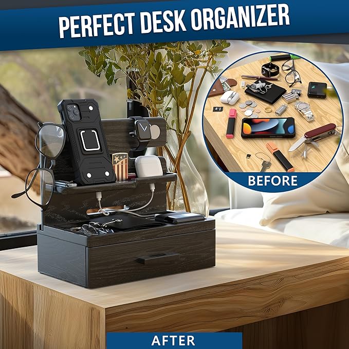 BarvA Phone Docking Station with Drawer Organizer | Night Stand Desk Charging Station | Upgraded Nightstand Organizer | Dresser Smart Watch Earbuds Phone Stand | Room Decor Gifts for Women Men Mom
