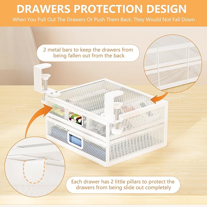 Sliding Under Desk Drawer Organizer No Drilling 2 Drawers Slide Out Desktop Or Under Table Storage Metal Clamp On Desk Drawer Attachment Anti-Slip Desktop Organizer for Home & Office, White