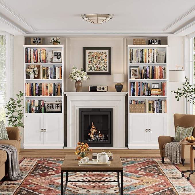 HOSTACK 71" Tall Book Shelf and Bookcase with Doors, 6 Tier Wooden Bookshelf with Storage Cabinet, White Farmhouse Bookshelves and Bookcases, Free Standing Display Shelves for Home Office, Living Room