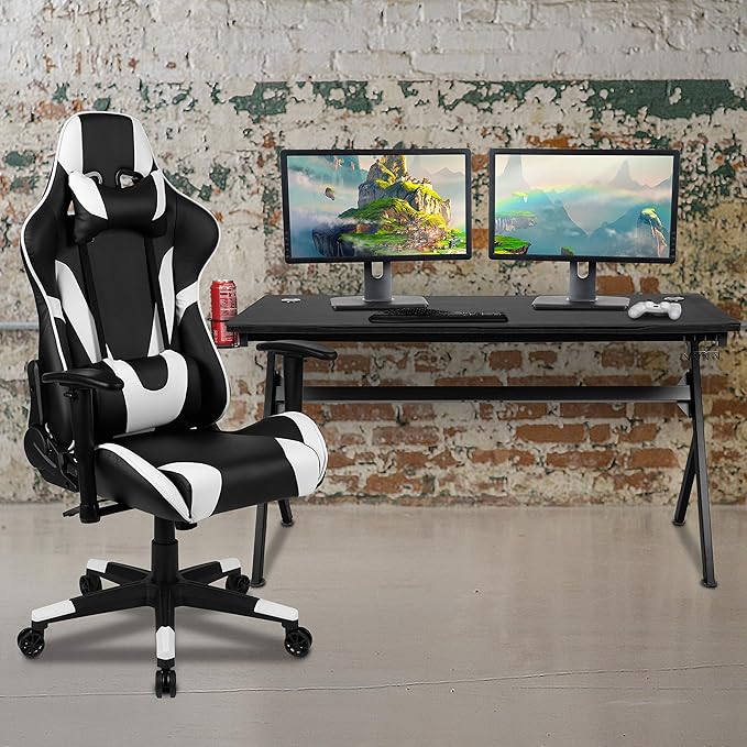 Flash Furniture Gaming Desk and Black Reclining Gaming Chair Set /Cup Holder/Headphone Hook/Removable Mouse Pad Top - Wire Management