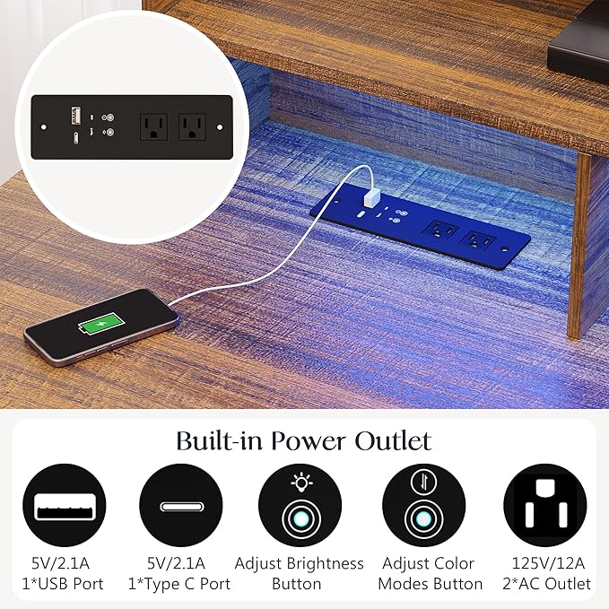 Lareth L Shaped Desk with Monitor Stand Farmhouse Computer Desk with LED Lights, Executive L Corner Desk with Power Outlets, Home Office Desk with Storage File Drawers for Home Working Gaming, Walnut
