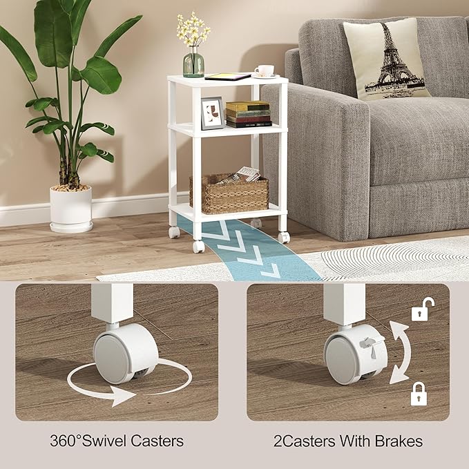 3-Tier Printer Stand with Storage, Mobile Printer Cart with Rolling Casters and Adjustable Feet, Under Desk Storage Shelf for Home Office, White, 15.7" x 11.8" x 25.9"
