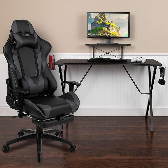 Flash Furniture Optis Black Gaming Desk with Cup Holder/Headphone Hook and Monitor/Smartphone Stand & Gray Reclining Gaming Chair with Footrest