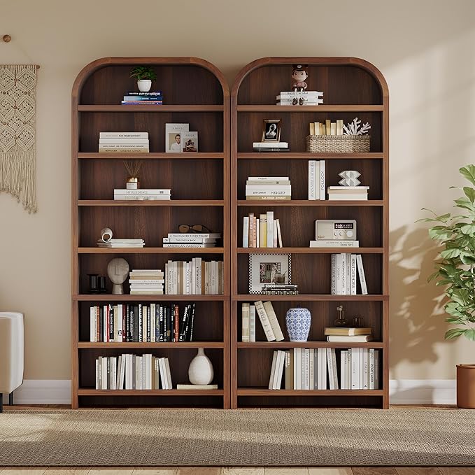 LEVNARY 70" Tall Arched Bookcase, 7-Tier Freestanding Storage Cabinet with Adjustable Shelves, Thick MDF Bookshelf for Bathroom Living Room Bedroom (Walnut)