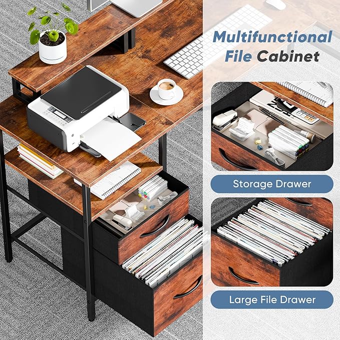 DUMOS L Shaped Gaming Desk with Charging Station & 2 Monitor Stands, Computer Desk with Drawer & Adjustable Storage Shelves, Large Corner Desk for Home Office, 62 Inch Rust Wood