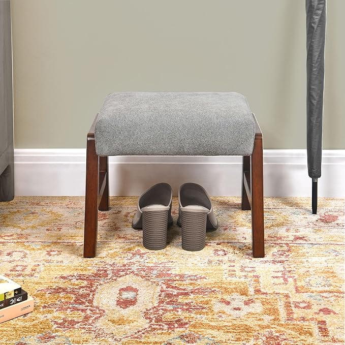 Small Footstool Ottoman, 11.8" H Fabric Wooden Foot Rest Ottoman with Wood Legs, Small Foot Stool Sofa Footrest Extra Seating for Living Room Entryway Office, Light Grey