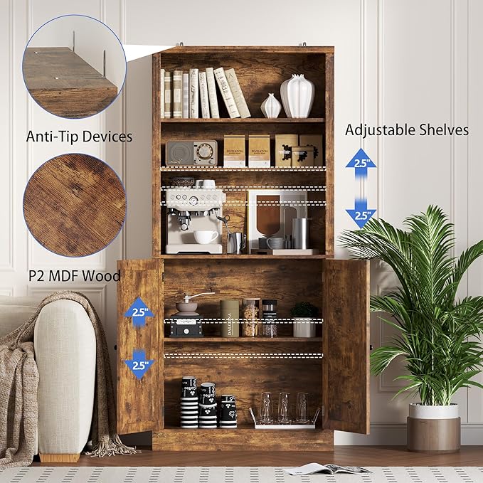 BORNOON 70.1" Tall Bookshelf with Cabinet, 5-Tier Floor Standing Bookcase with Doors & Adjustable Shelves, 31.5" Wide Storage Shelf, Metal Handles, Modern Organizer for Home Office, Living Room