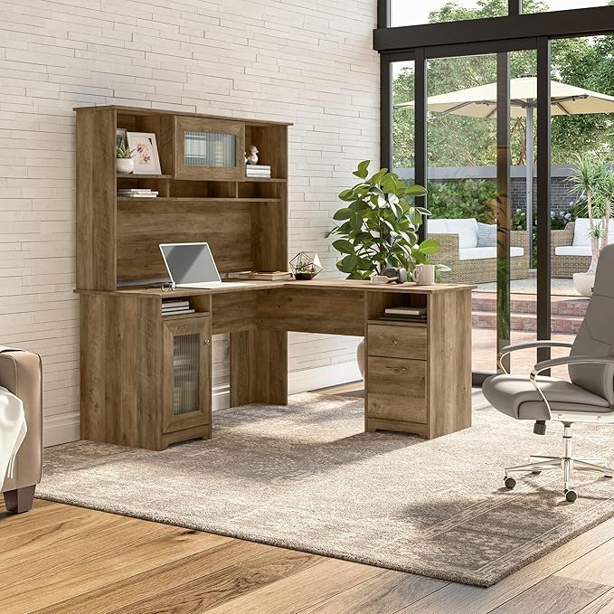 Bush Furniture Cabot L Shaped Desk with Hutch, Corner Desk with Storage for Home Office in Reclaimed Pine, 60W L Shaped Computer Desk