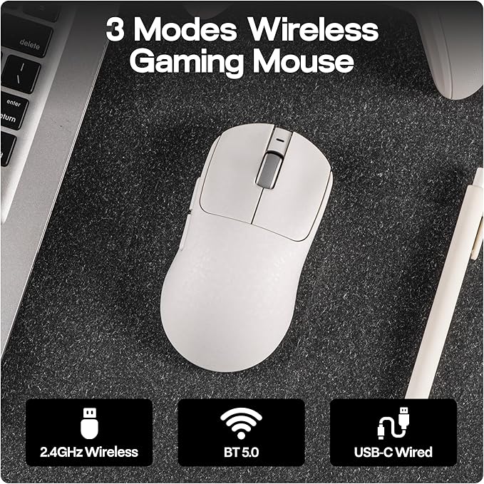 MechLands AJAZZ AJ199 Lightweight Gaming Mouse with Carbon Fiber Shell, 2.4G/USB-C/BT Wireless Mouse with 500mAh Battery, Adjustable 12,000 DPI & 1KHz Polling, PAW3311 Sensor for PC/Mac/Gaming (White)