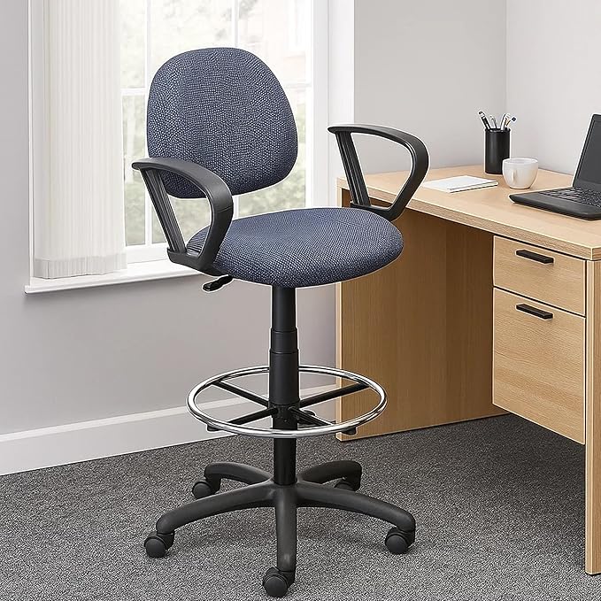 Benzara Jea Drafting Stool Chair, Loop Arms, Blue Tweed, Round Footring