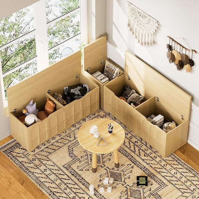 3-Piece L-Shaped Multifunctional Storage Bench with Padded Shoe Bench, Serves as a Kitchen Corner Stool, Toy Storage Box, or Reading Nook seat, Natural Color, 63" D x 63" W x 19.1" H