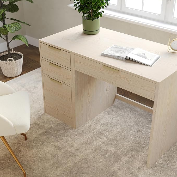 Martha Stewart Kayden Home Office Modular Desk with Drawer and 3 Drawer File Cabinet in Light Natural with Brushed Gold Hardware