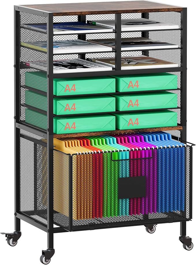 EasyPAG Rolling Cart with Storage Drawer, Under Desk Filling Cabinet with Mail Sorter, Pull Out Hanging File Rack for Letter Size Folders, Mobile Utility Craft Cart for Home Office, Black
