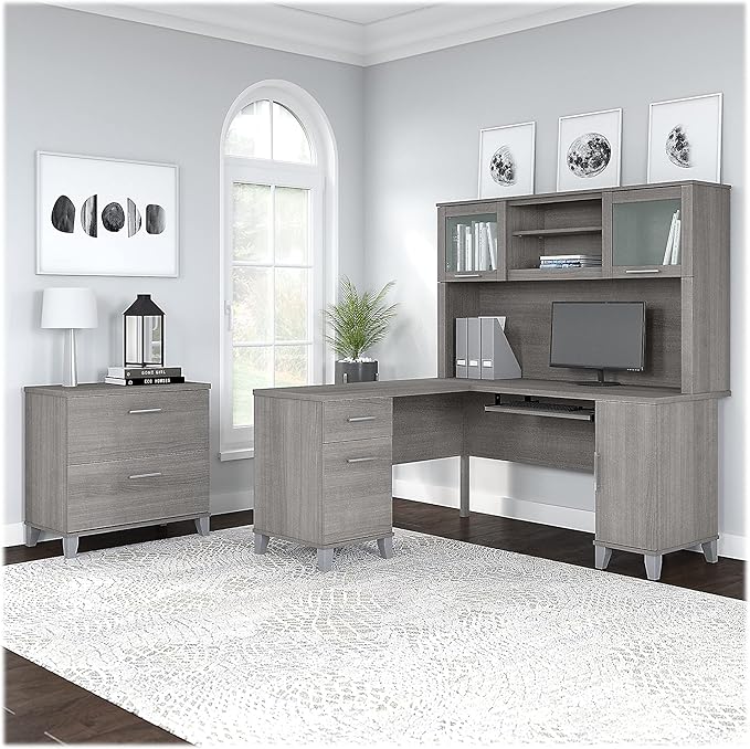 Bush Furniture Somerset 60W L Shaped Desk with Hutch and Lateral File Cabinet in Platinum Gray