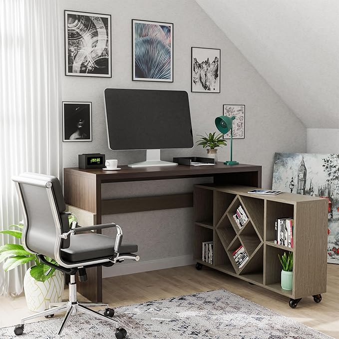 Furniture of America FOA Minshew Solid Wood 2-Piece Convertible Desk with Bookcase Set in Brown