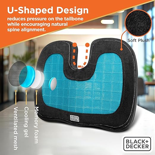 BLACK+DECKER 2-Pack Cooling Gel Memory Foam Seat & Lumbar Cushion Set – Ergonomic Tailbone & Lower Back Support for Office Chairs, Gaming Chairs, Cars & Travel – Washable Covers, Non-Slip, Ventilated