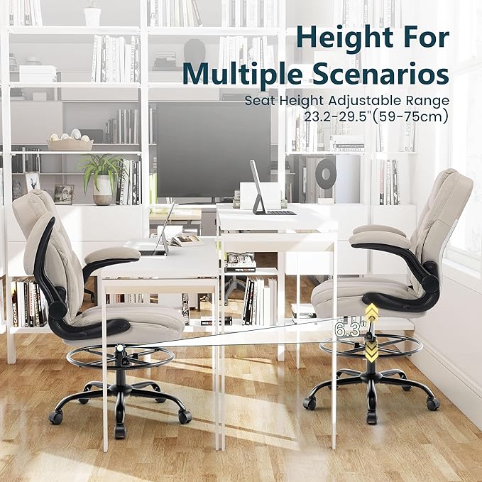 Drafting Chair 500Lbs, Tall Office Chair for Standing Desk, High PU Leather Executive Office Chair with Flip-up Armrests, Ergonomic High Chair with Adjustable Foot Ring, Comfy Stool Chairs, Beige