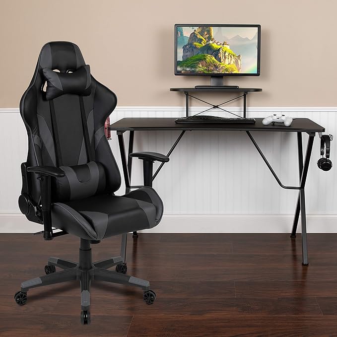 Flash Furniture Optis Black Gaming Desk and Gray Reclining Gaming Chair Set with Cup Holder, Headphone Hook, and Monitor/Smartphone Stand