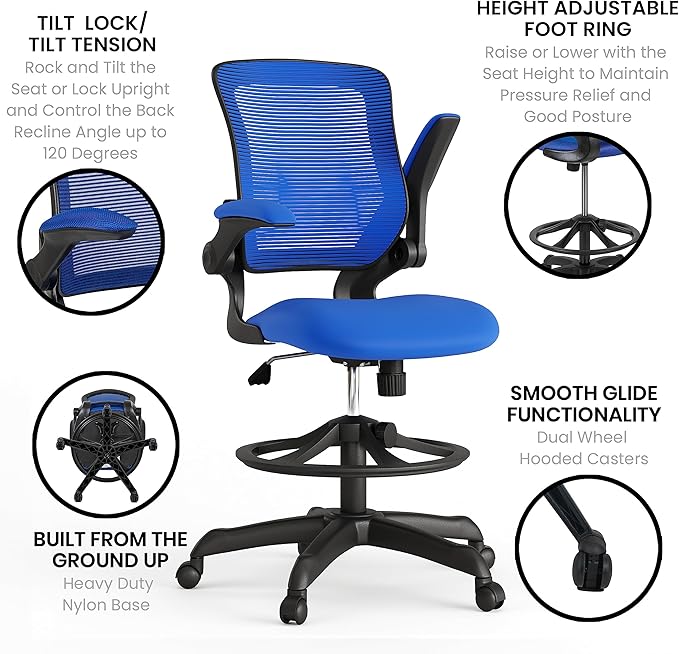 Flash Furniture Kale Mid-Back Blue Mesh Ergonomic Drafting Chair | Adjustable Foot Ring, Flip-Up Arms