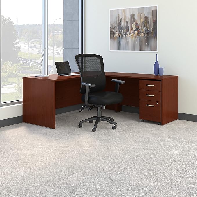 Bush Business Furniture Series C 72W L Shaped Desk with Mobile File Cabinet and High Back Multifunction Office Chair in Mahogany