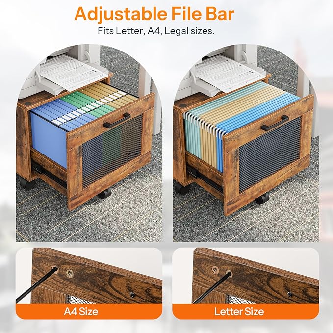HOOBRO File Cabinet, Rolling File Cart, Under Desk Small Filing Cabinet, File Organizer Box, Home Office File Basket with Drawer for A4, Letter Files, Rustic Brown and Black BF11WJ01G1