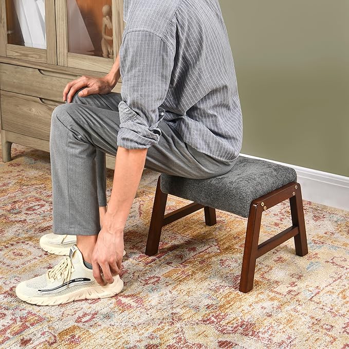 Small Footstool Ottoman, 11.8" H Fabric Wooden Foot Rest Ottoman with Wood Legs, Small Foot Stool Sofa Footrest Extra Seating for Living Room Entryway Office, Charcoal Grey