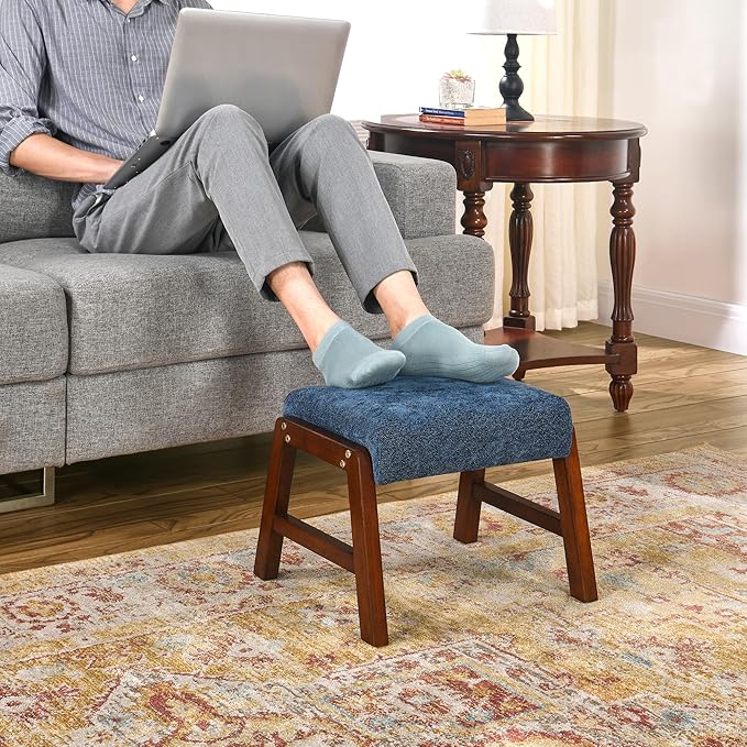 Small Footstool Ottoman, 11.8" H Fabric Wooden Foot Rest Ottoman with Wood Legs, Small Foot Stool Sofa Footrest Extra Seating for Living Room Entryway Office, Royal Blue