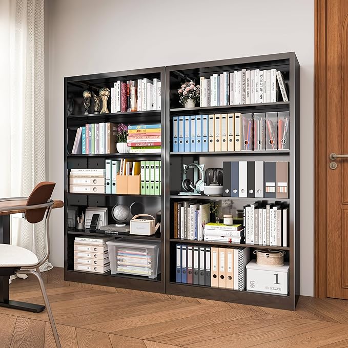 55" Tall Metal Bookshelf, Heavy Duty Black Bookshelf with 4 Adjustable Storage Shelves, Large Deep Bookcases for Office, School, Home, Bedroom, Library