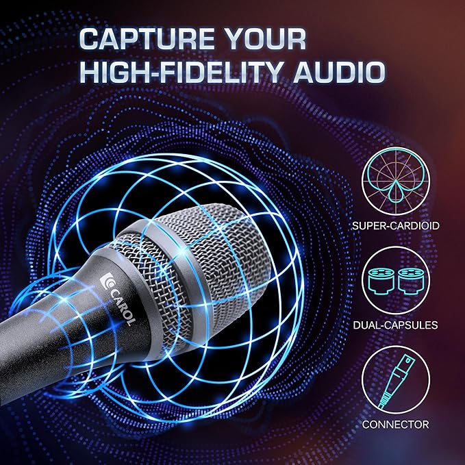 CAROL AC-900 XLR Wired Vocal Microphone – Dynamic Supercardioid Mic with Dual-Engine AHNC Noise Cancelling Tech for Singing, Karaoke, Stage & Studio, Includes Mic Clip & 14.8ft XLR Cable - Black