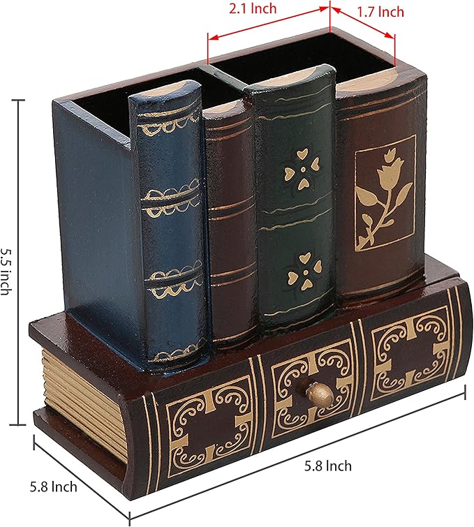 MyGift Decorative Desk Organizer Caddy, Pencil and Pen Holder with Bottom Storage Drawer and Antique Library Books Design
