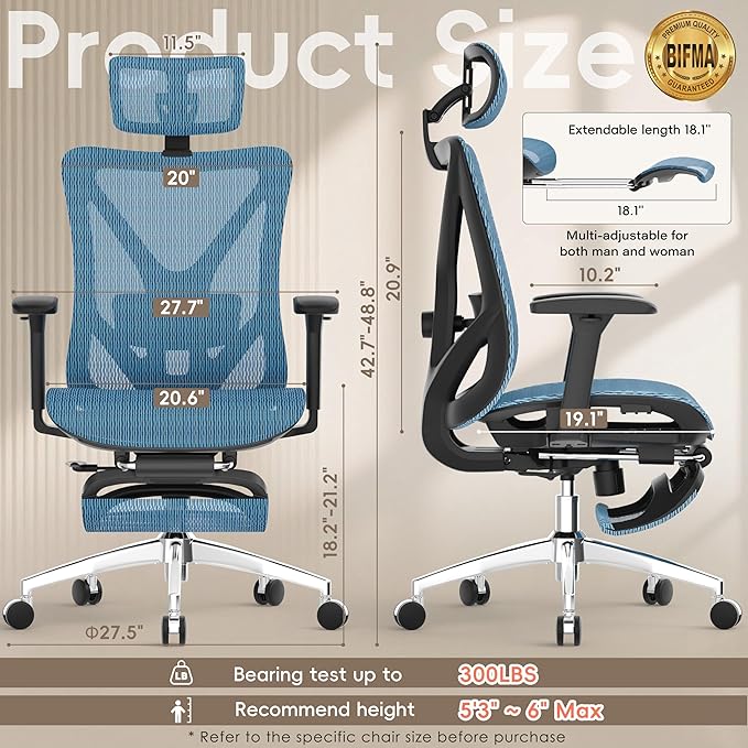 GABRYLLY Ergonomic Office Chair - 135° Reclining Desk Chair with Adjustable Lumbar Support, 3D Armrest, Large Headrest & Heavy Duty Steel Base, 300LBS Mesh Task Chair, Navy Blue