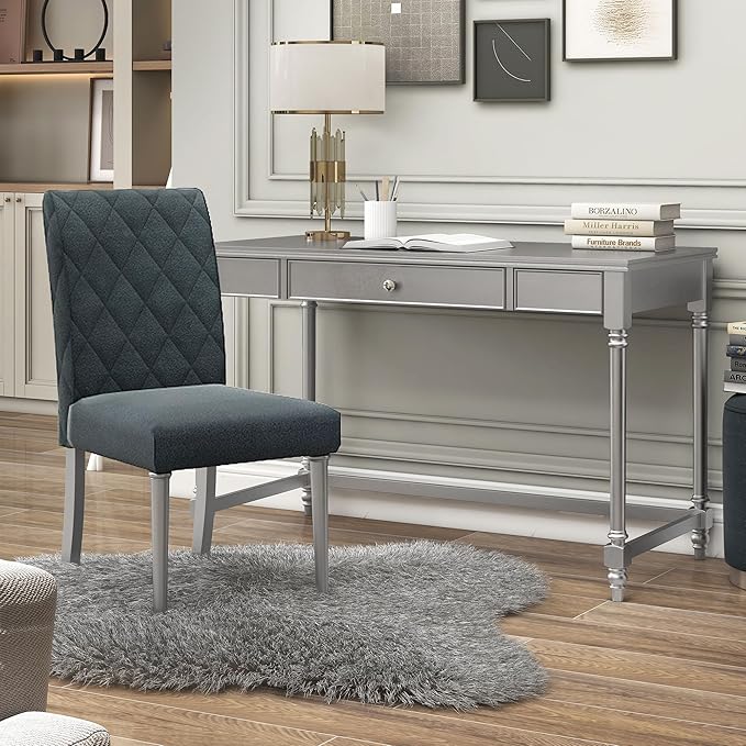 24/7 Shop at Home Eunie Modern 2-Piece Wood Storage Writing Desk with 1 Drawer and Upholstered Chair Set for Workstation, Home Office, Study Room, Silver