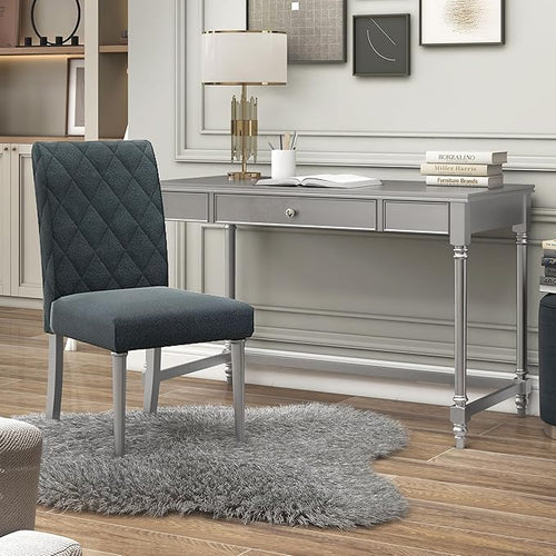 24/7 Shop at Home Eunie Modern 2-Piece Wood Storage Writing Desk with 1 Drawer and Upholstered Chair Set for Workstation, Home Office, Study Room, Silver