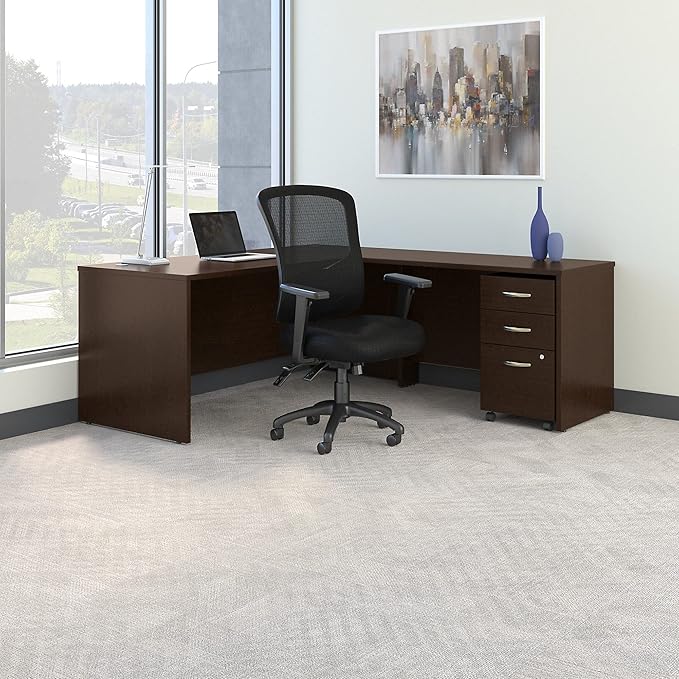 Bush Business Furniture Series C 72W L Shaped Desk with Mobile File Cabinet and High Back Multifunction Office Chair in Mocha Cherry