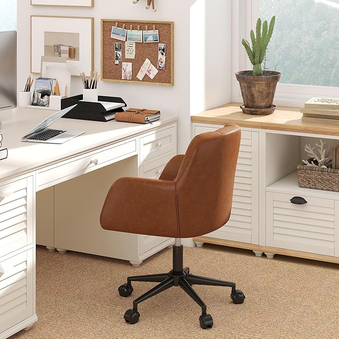 HNY Modern PU Leather Office Desk Chair, Height Adjustable Comfy Swivel Vanity Make up Chair with Wheels for Living Room Home Office Computer, Brown