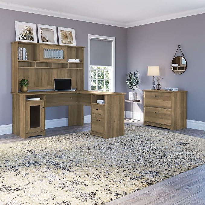 Bush Furniture Cabot 60W L Shaped Computer Desk with Hutch and Lateral File Cabinet in Reclaimed Pine