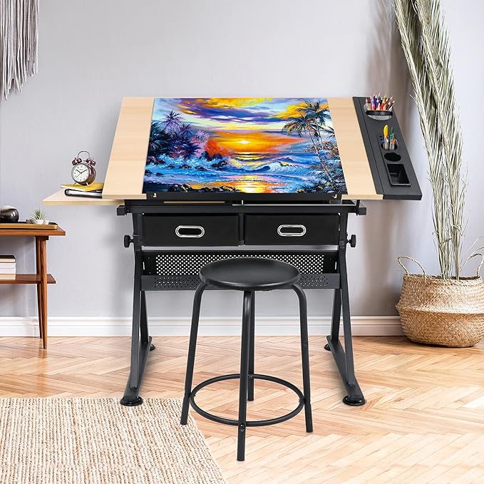 NOVA MICRODERMABRASION Adjustable Height Drafting Desk Drawing Table Tiltable Tabletop for Reading, Writing Art Craft w/Stool and Drawers
