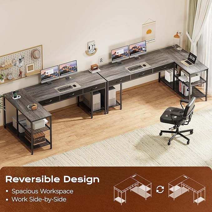 PRAISUN 63 Inch L Shaped Office Desk with Power Outlets and Type-C Port, Large Computer Gaming Desk with 3 Fabric Drawers, Mesh Shelves, Corner Study Work Writing Desk, Grey