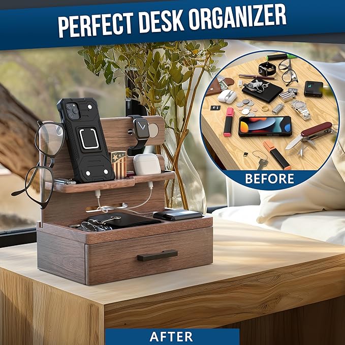 BarvA Phone Docking Station with Drawer Organizer | Night Stand Desk Charging Station | Upgraded Nightstand Organizer | Dresser Smart Watch Earbuds Phone Stand | Room Decor Gifts for Women Men Mom