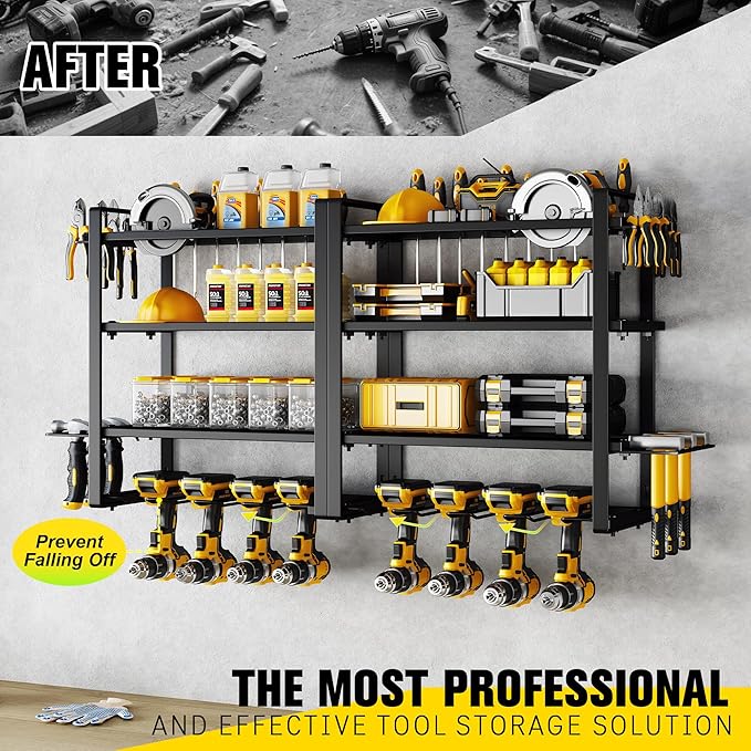 Hipidian Power Tool Organizer Wall Mount - Storage Rack with 4 Drill Holders for Drills Cordless Tools. Heavy Duty Iron Garage Tool Organizer Storage for Workshop Shed (4 Slots 4 Layers 2 Pack)