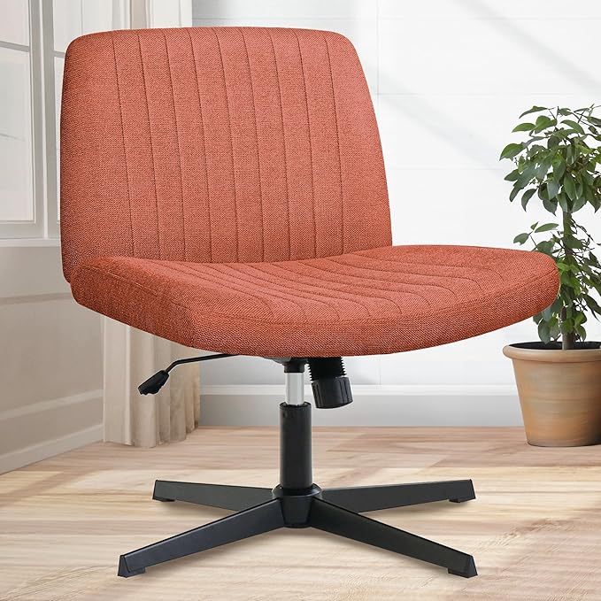 Orange Factory Criss Cross Chair No Wheel Wide Cross Legged Office Desk Vanity Chair Comfy Fabric Armless Adjustable Swivel for Home Computer Task (Brown No Wheel, Classic Fabric)