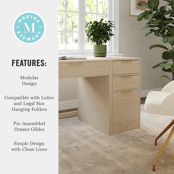 Martha Stewart Kayden Home Office Modular Desk with Drawer and 3 Drawer File Cabinet in Light Natural with Brushed Gold Hardware