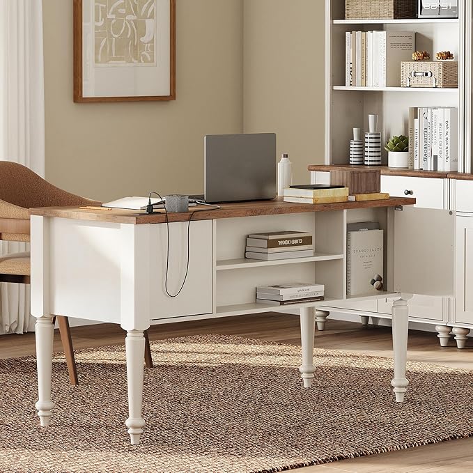 WAMPAT Home Office Furniture Set, 56" Executive Desk with Charging Station, 72" Tall Bookcase with 2 Glass Doors, Wood Computer Desk with File Cabinet Storage, Open Shelf, White