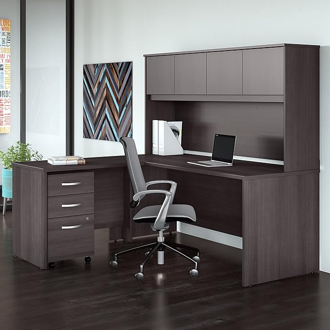 Bush Furniture Studio C 72W x 30D L Shaped Desk with Hutch, Mobile File Cabinet and 42W Return in Storm Gray