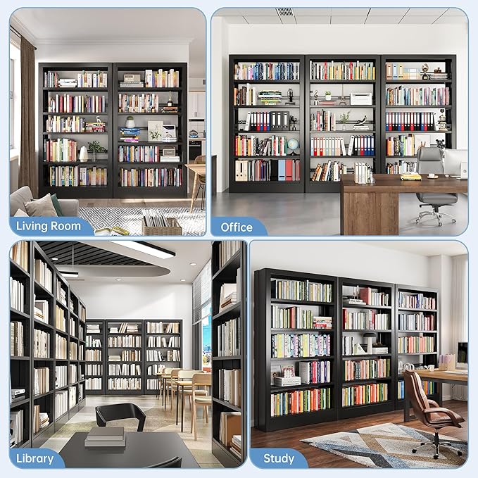 71" Metal Bookshelf,5 Tier Black Bookshelf with Adjustable Shelves,Heavy Duty Bookshelves and Bookcases,Tall Bookcase for Living Room,Library,Office,Including Book Stopper (Black, 37.4" Wide)