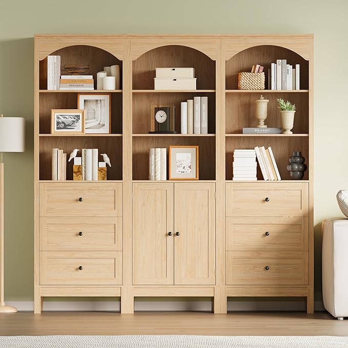 Bookshelf with Doors, 71" Tall Wood Book Shelf with Cabinet, 24" Wide Arched Bookcase with Adjustable Shelf, Floor Standing Display Storage Cabinet for Home Office, Study and Living Room, Natural Oak