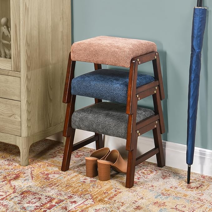 Small Footstool Ottoman, 11.8" H Fabric Wooden Foot Rest Ottoman with Wood Legs, Small Foot Stool Sofa Footrest Extra Seating for Living Room Entryway Office, Charcoal Grey